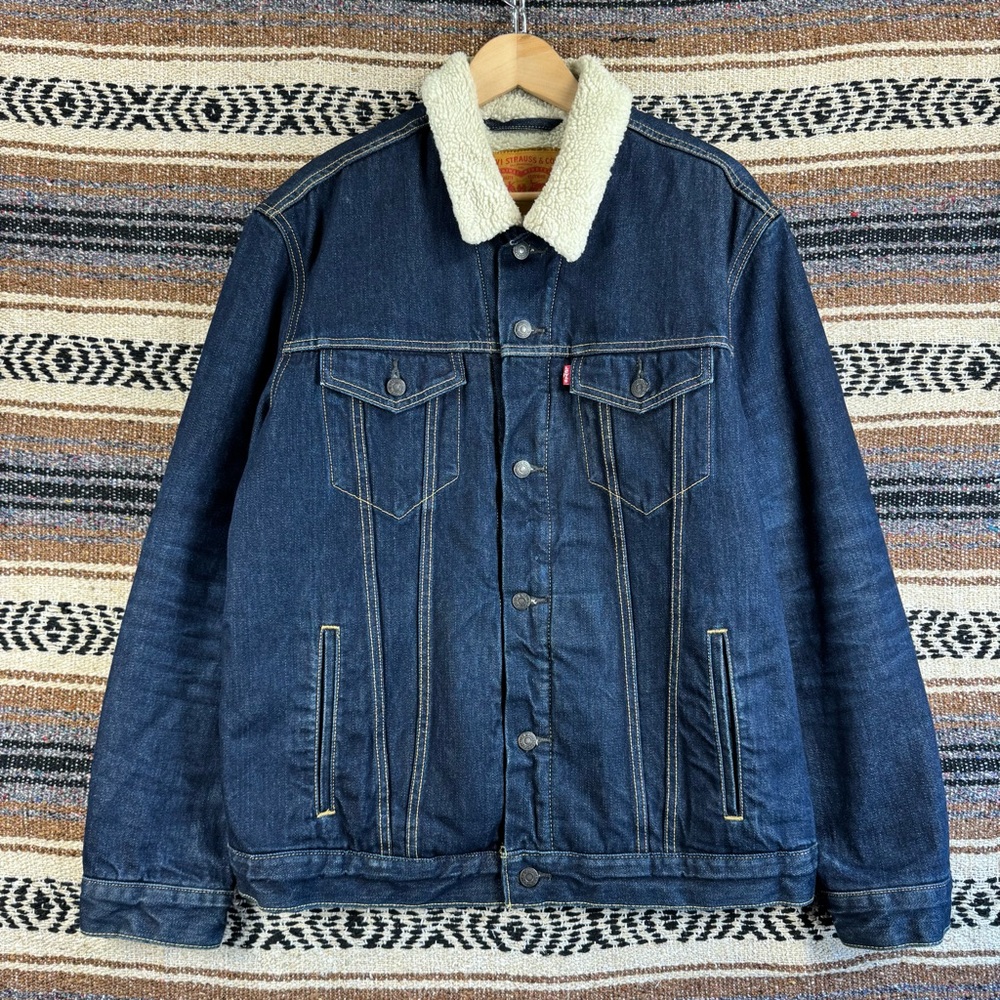 Levis Mens Sherpa Trucker Jacket XL Blue Denim Jean Fleece Lined Type 3 Coat